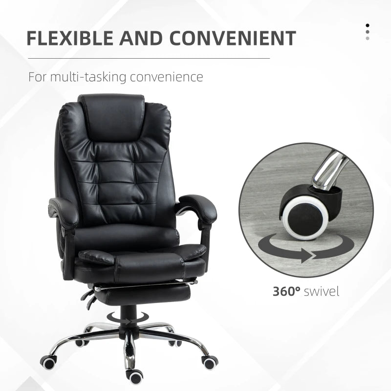 Executive PU Leather Office Chair with Swivel Wheels, Reclining Backrest & Retractable Footrest - Ergonomic Black Home Office Seating