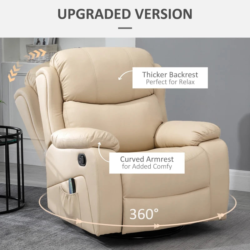 Beige PU Leather Reclining Chair with 8 Massage Points, Heat Function, Swivel Base and Footrest