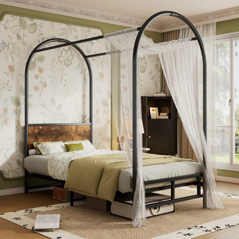 Durable Metal Canopy Bed Frame with Wood Headboard - Easy Self-Installation, Black, 195L x 90.5W x 192H cm