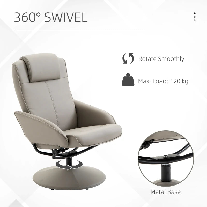 Swivel PU Leather Recliner Chair with Footstool and Adjustable Backrest for Living Room and Bedroom in Grey