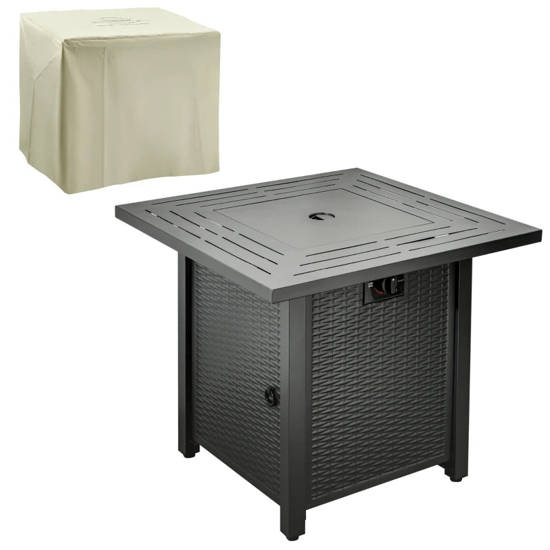 Square Propane Gas Fire Pit Table 40000 BTU - Smokeless Rattan Patio Heater with Cover, Lava Rocks & Lid - 71cm Black