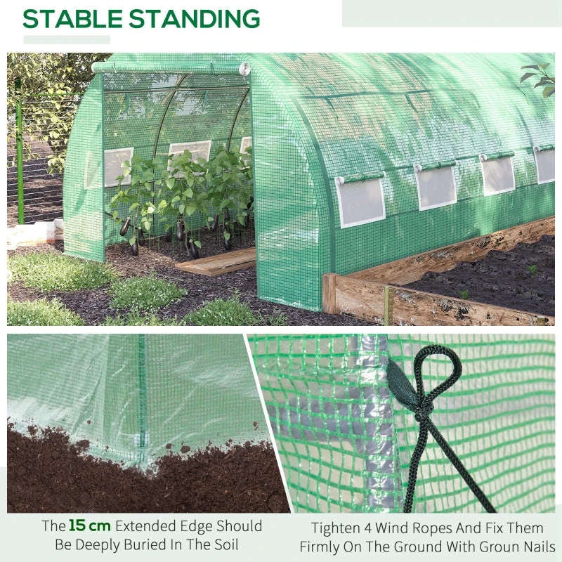 Green Walk-in Polytunnel Greenhouse with Roll-up Sidewalls, Zipped Door, 8 Windows - 4x3x2m