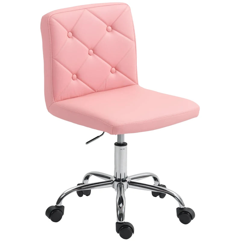 Pink PU Leather Armless Office Chair - Modern Swivel Computer Chair with Rolling Wheels & Adjustable Height for Home & Study