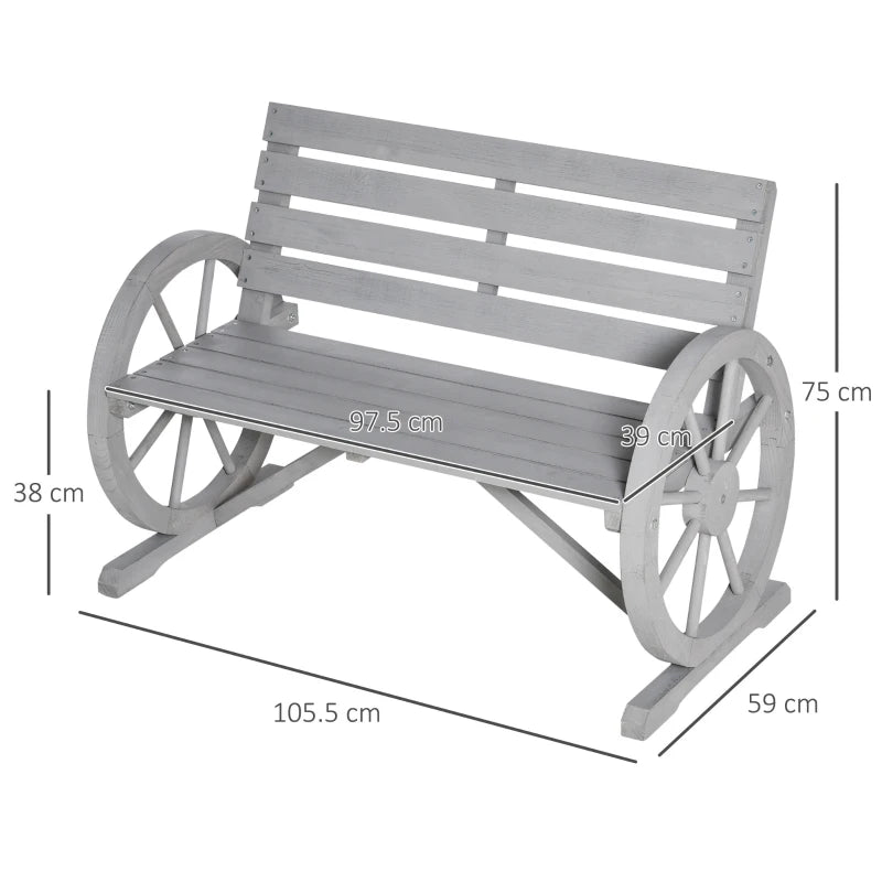 Grey Wooden Garden Bench with Wagon Wheel Design