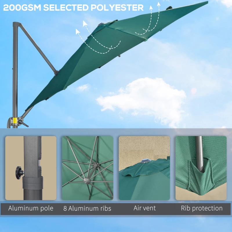 Green Cantilever Garden Umbrella with 360° Rotation, Crank Handle, and Tilt