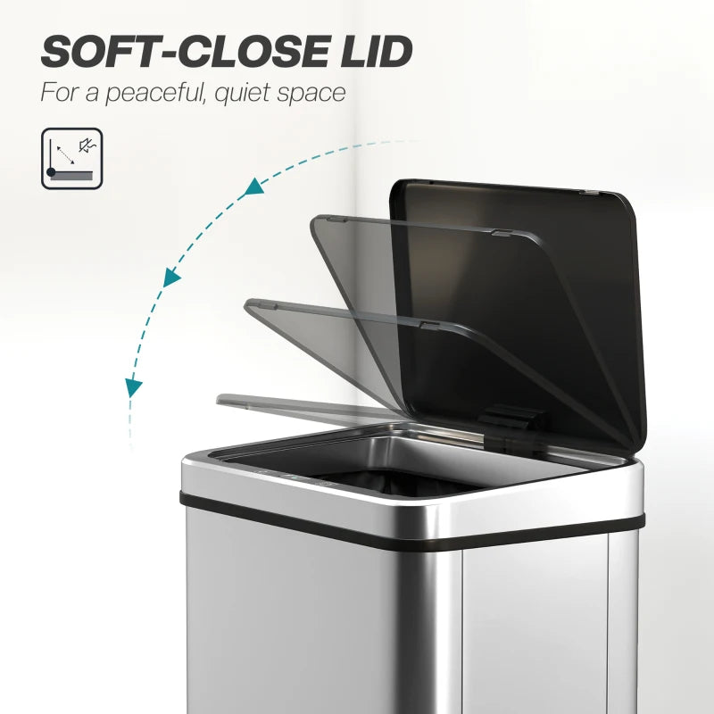 50L Touchless Sensor Bin with Soft-Close Lid - Fingerprint Resistant Stainless Steel Trash Can for Home, Office & Gym - Silver