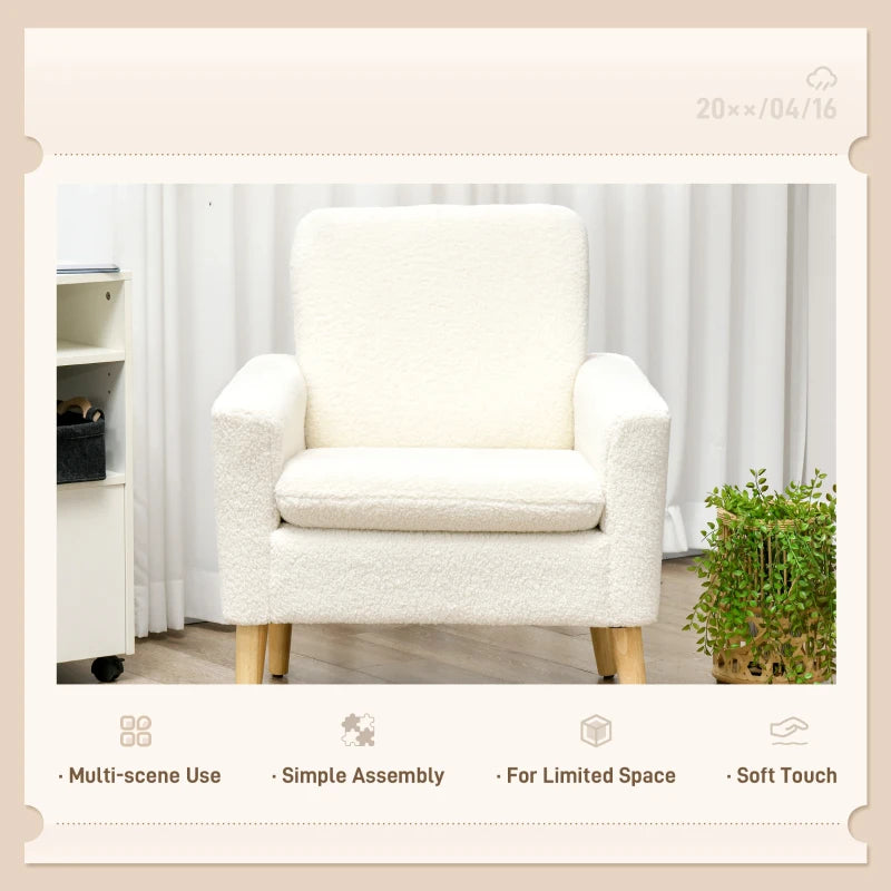 Upholstered Accent Armchair with Wooden Legs and Wide Padded Seat in Cream White, Teddy Fabric Occasional Chair