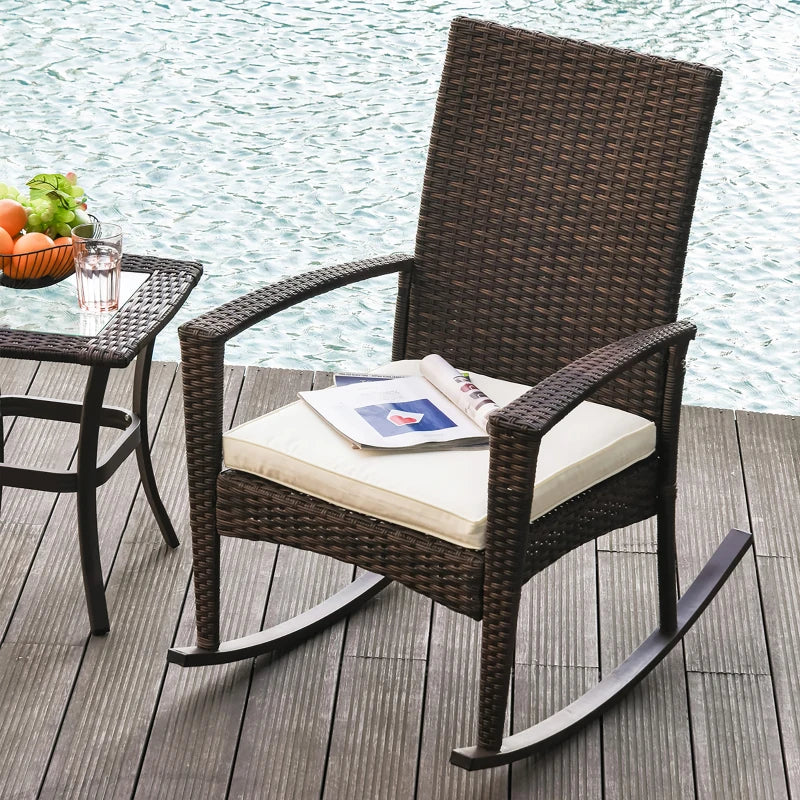 Brown Rattan Garden Rocking Chair with Armrest and Cushion