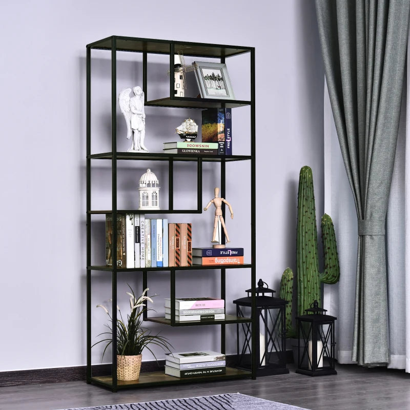Industrial 6-Tier Bookcase - Tall Steel Frame Shelf Unit for Home Office, Living Room, Rustic Brown & Black, 82x33.5x175 cm