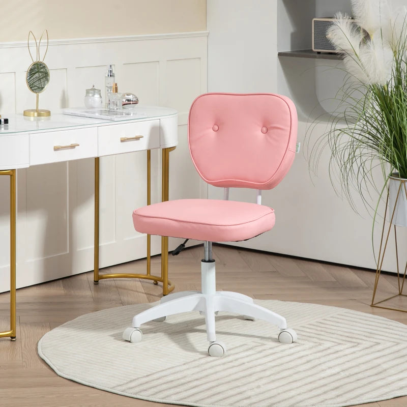Vinsetto Pink PU Leather Vanity Office Chair - Adjustable Height, Armless, Swivel Wheels, Stylish Computer Chair for Home