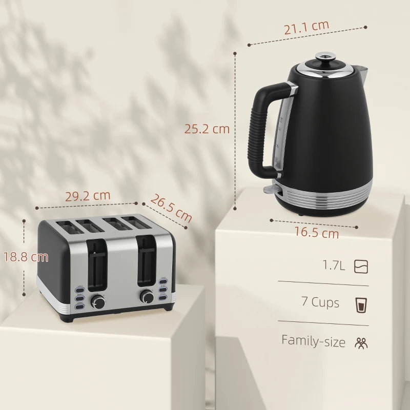 Stainless Steel Kettle & Toaster Set - 1.7L Rapid Boil Jug Kettle with Strix Thermostat & 4 Slice Toaster - Black/Silver