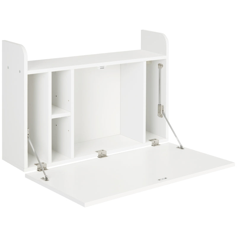 Wall Mounted Drop Leaf Laptop Desk with Storage - Space Saving Home Office Table, 77cm x 20cm x 51cm, White