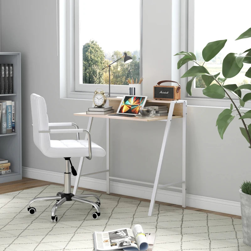 Home Office Chair and Computer Desk Set - Faux Leather Swivel Chair with Storage Shelf - Modern White Study Desk
