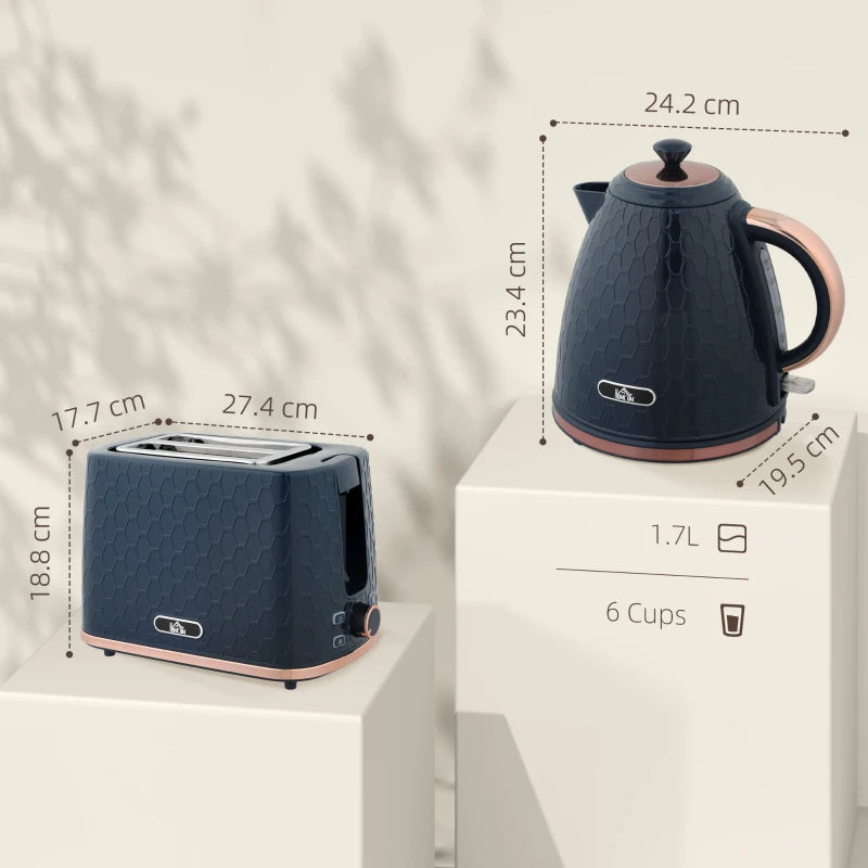 1.7L 3000W Fast Boil Kettle & 2 Slice Toaster Set - Auto Shut Off, Browning Controls, Stylish Blue Finish
