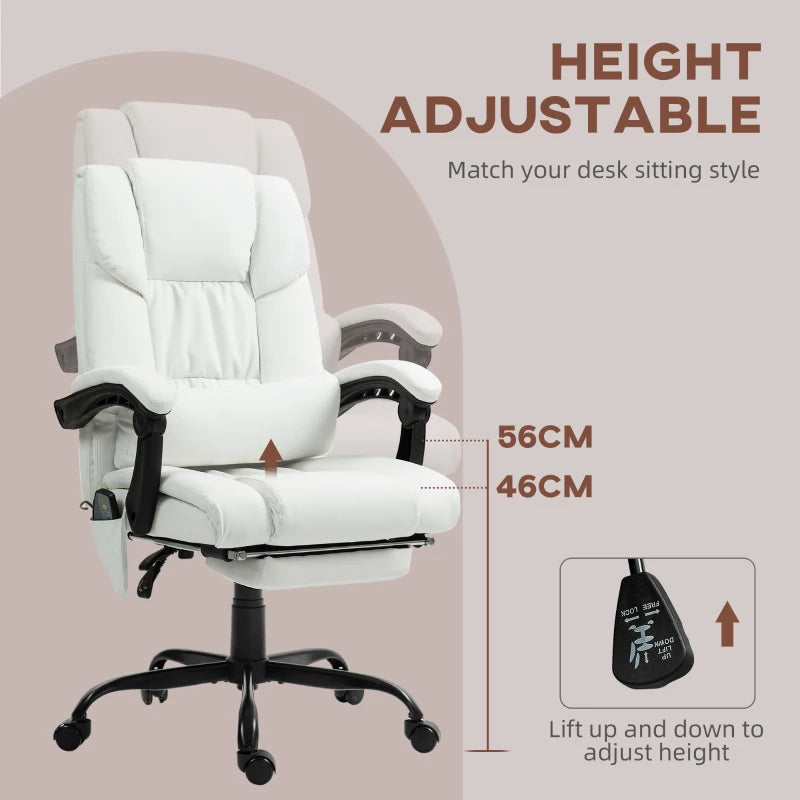 Vinsetto 6-Point Massage Office Chair - Adjustable PU Leather Desk Chair with Footrest for Home Office - White