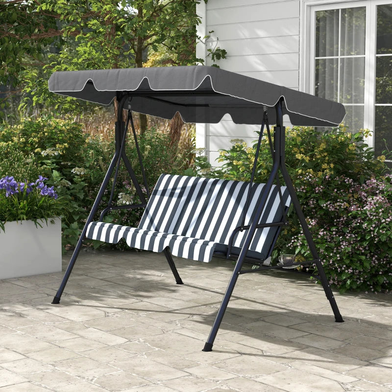 Grey Striped 3-Seater Garden Swing Hammock with Adjustable Canopy