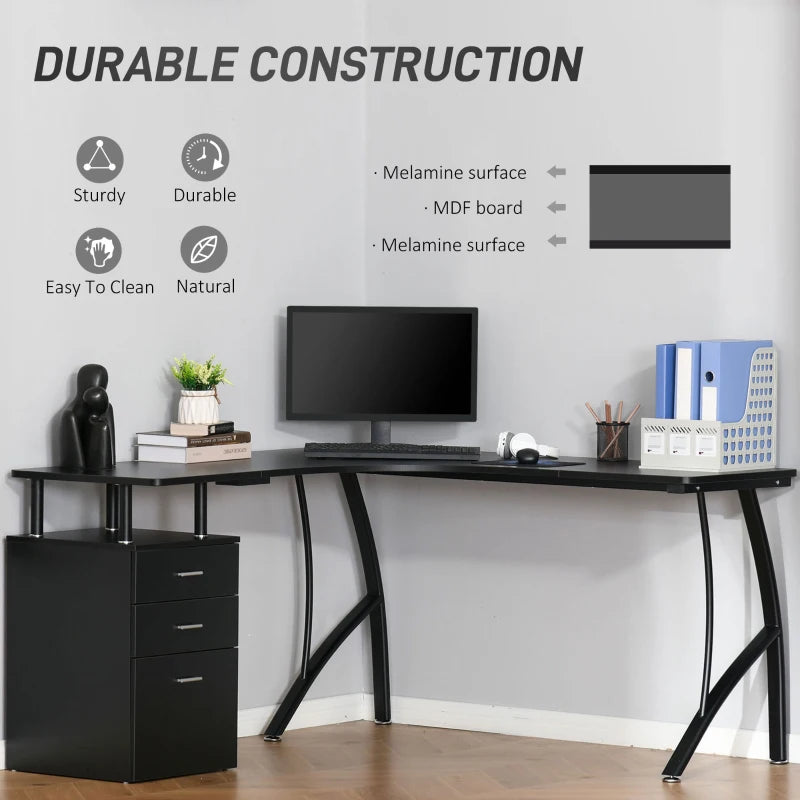 L-Shaped Computer Desk with Storage Drawer - Industrial Corner Workstation for Home Office, 143.5cm, Black