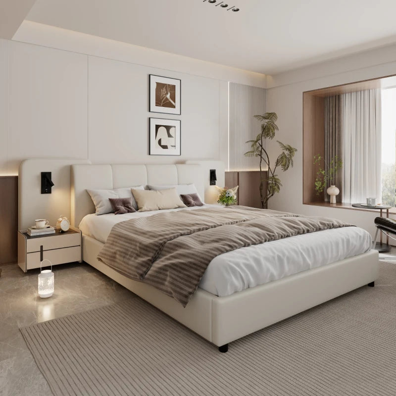 Upholstered Double Bed with Charging Port & Lighting, Impact-Resistant Headboard, 209x221x86.5 cm, Beige - Modern Bedroom Furniture