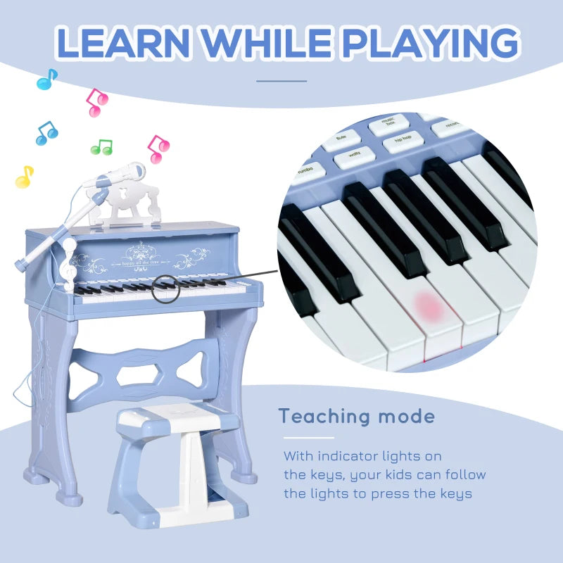 Kids Mini Electronic Piano Keyboard Set - Educational Musical Instrument with Stool, Microphone & Music Stand - Blue Grand Piano Toy