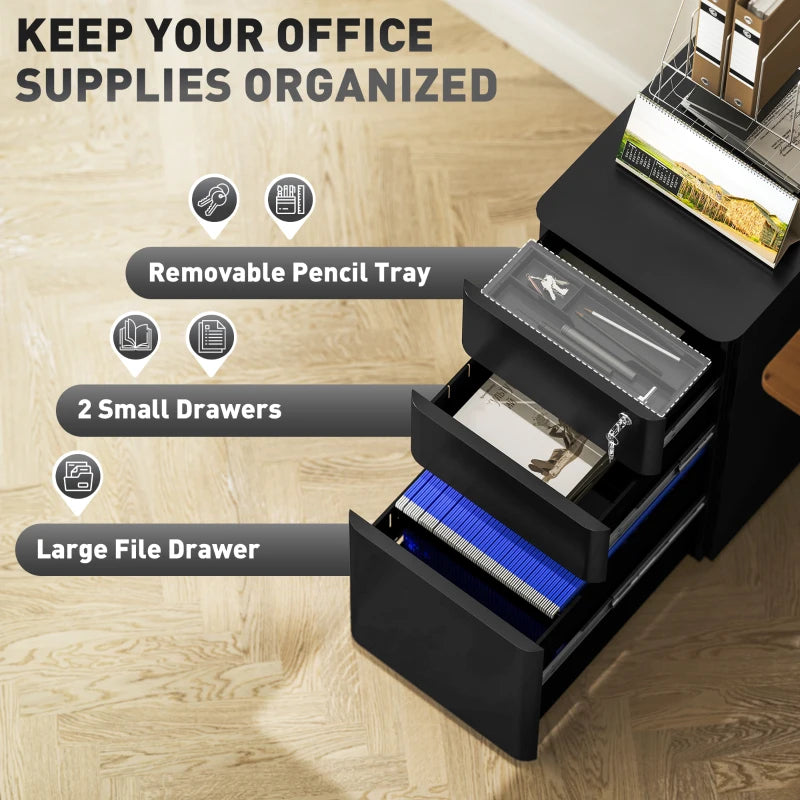 Vinsetto Black 3-Drawer Steel Filing Cabinet with Lock - Secure Storage Solution for Home or Office