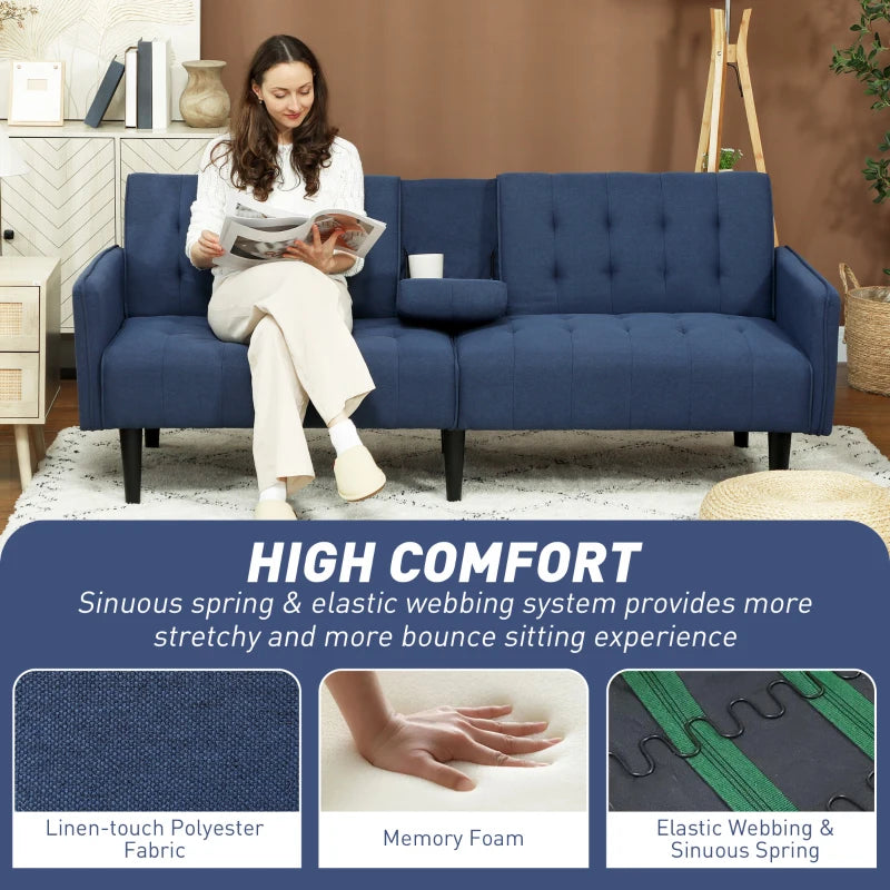 Dark Blue Three-Seater Sofa Bed with Cupholders for Comfort and Style in Your Living Room