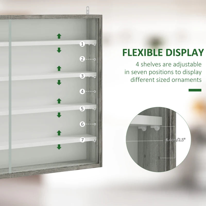 5-Tier Wall Display Shelf Unit with 4 Adjustable Shelves & Glass Doors - Grey Wood Grain Cabinet for Home Office Decor 60x80cm