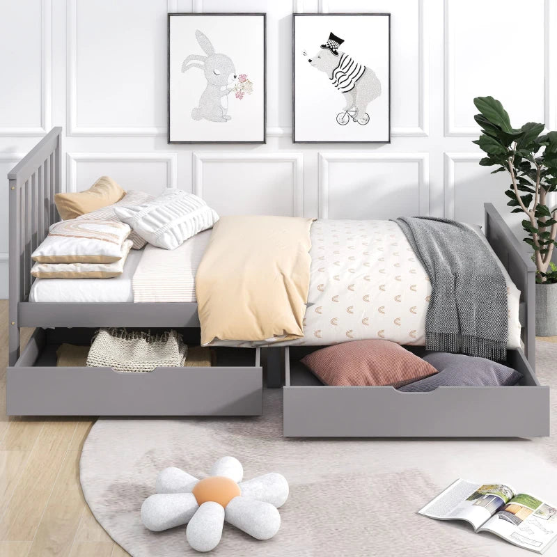 Wooden Pine Divan Storage Bed with Drawers - Solid Slatted Base, 3ft Single, Gray, 196x100x82 cm - Space-Saving Design