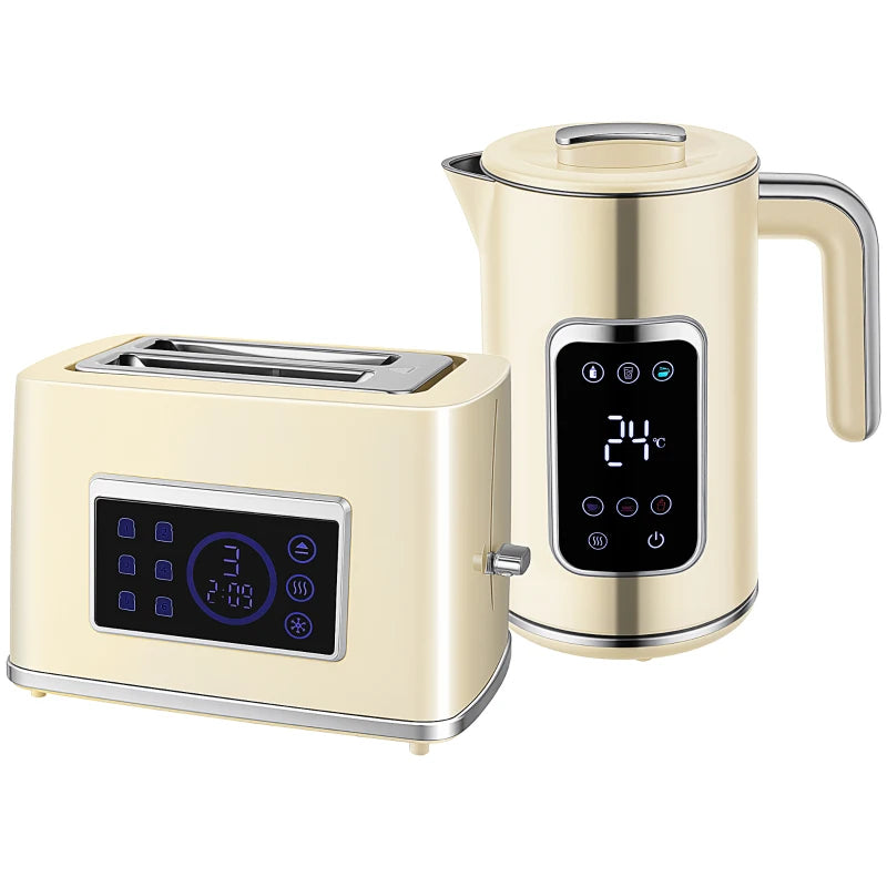 Premium Cream Touch Screen Kettle and Toaster Set - Stylish Kitchen Appliances for Modern Homes