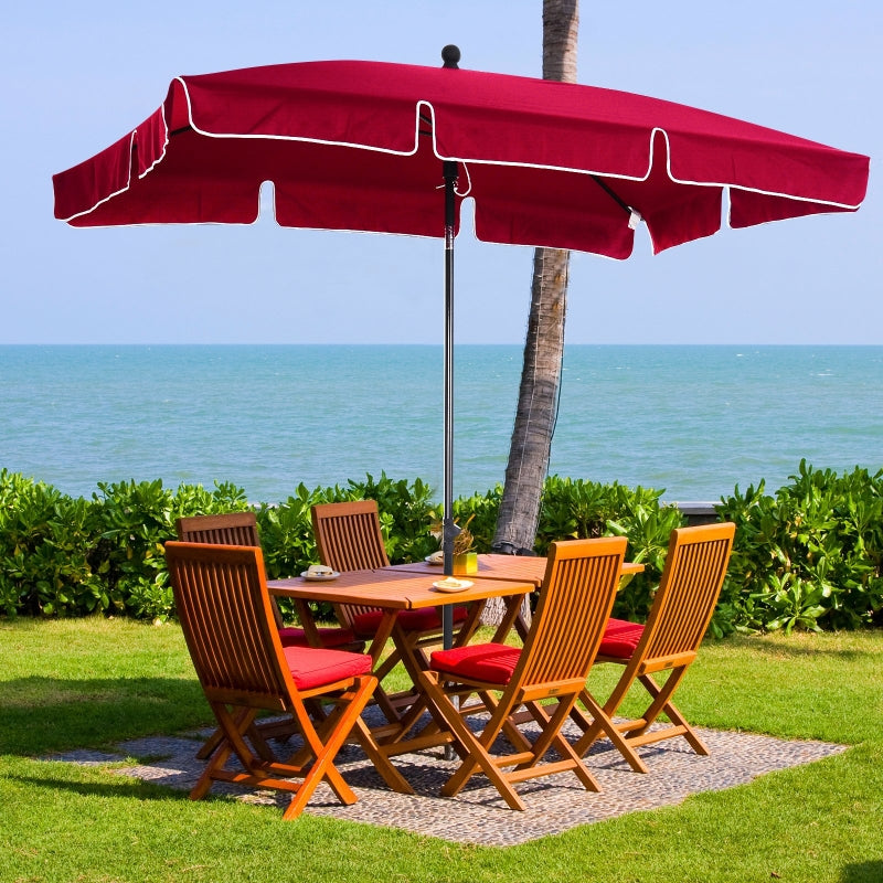 Red Rectangular Garden Parasol with Ruffles & Tilting Canopy