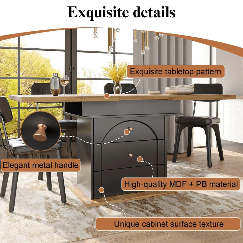 Telescopic Foldable Kitchen Table for 4-6 People with Soft-Close, Hidden Storage, 110x80x75 cm, Black & Natural Finish