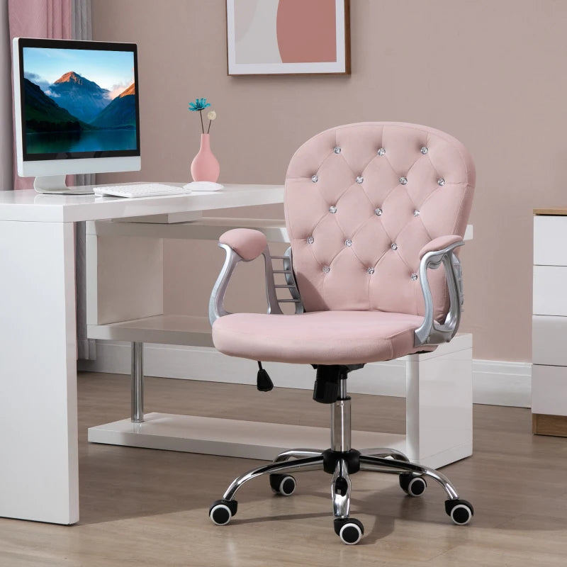 Vinsetto Pink Velvet Office Chair - Swivel Desk Chair with Adjustable Height & Rolling Wheels for Home & Study