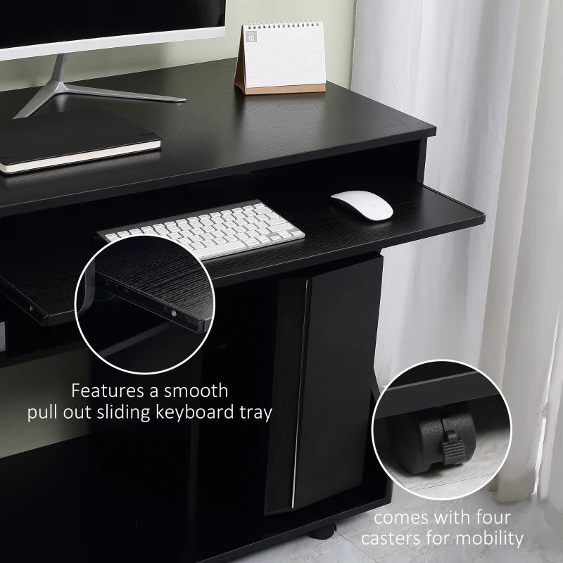 Multi-Storage Compact Work Desk on Wheels - Stylish Black Home Office Furniture for Small Spaces