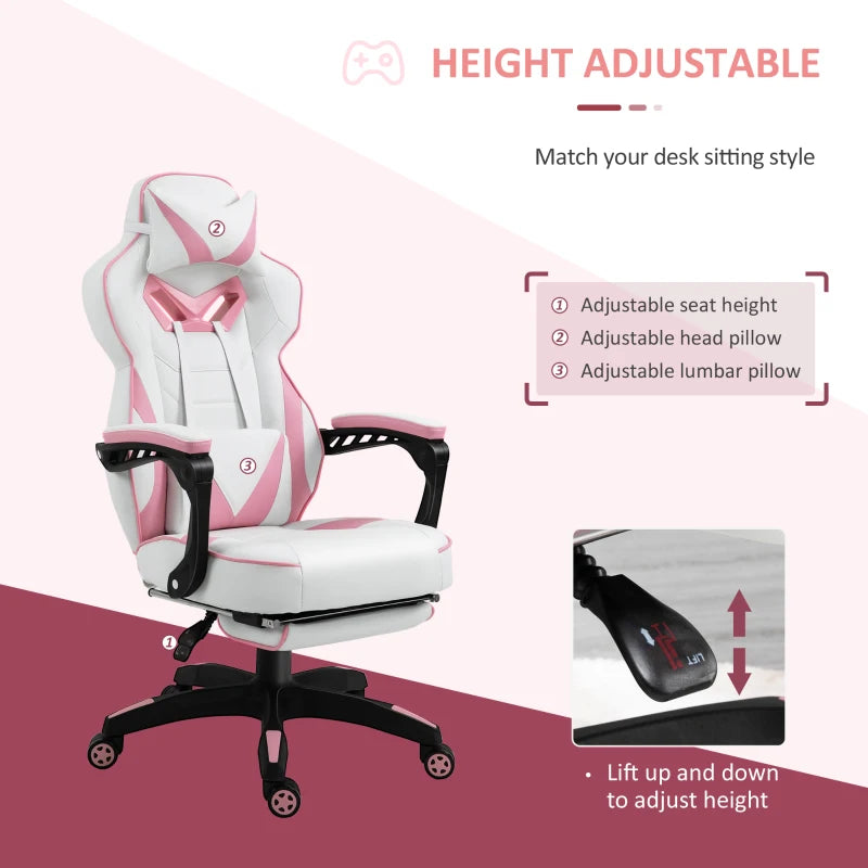 Vinsetto Pink Gaming Chair - Ergonomic Racing Desk Chair with Lumbar Support, Footrest, Headrest & Swivel Wheels for Home