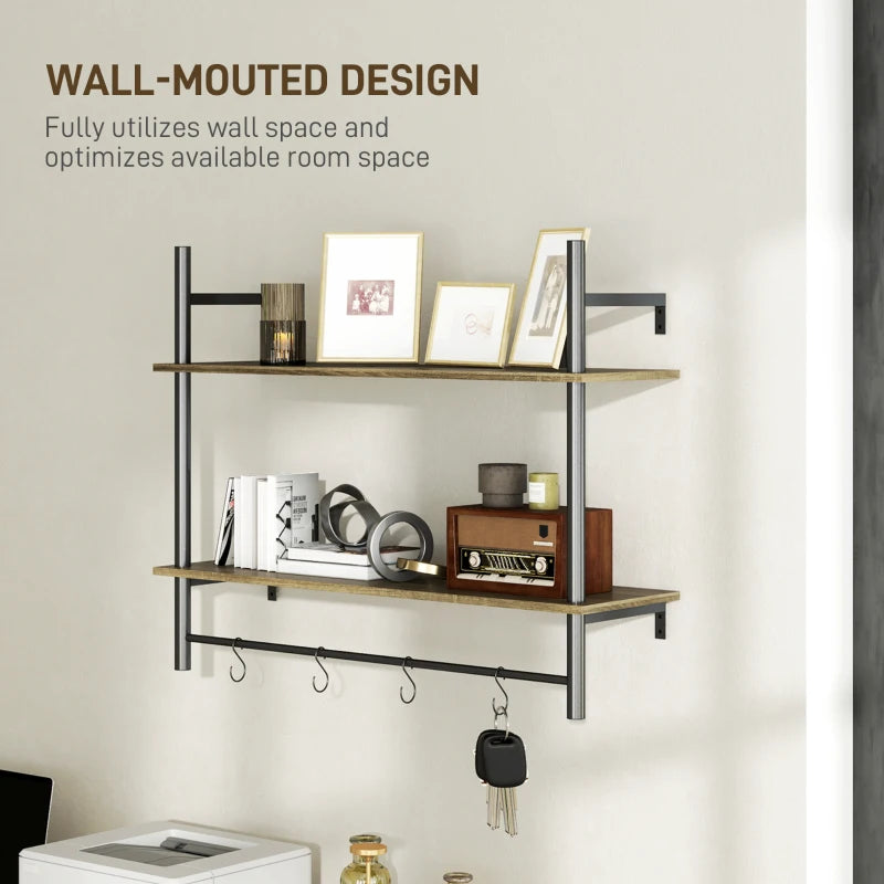 Rustic Wall Mounted Floating Shelves with 4 Hooks - Stylish Grey Shelf Unit for Living Room & Entryway Decor