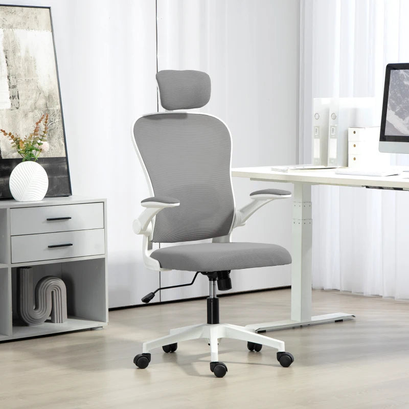 Ergonomic Executive Office Chair - High Back Mesh Desk Chair with Flip-Up Armrests, Rotatable Headrest & Adjustable Lumbar Support - Grey