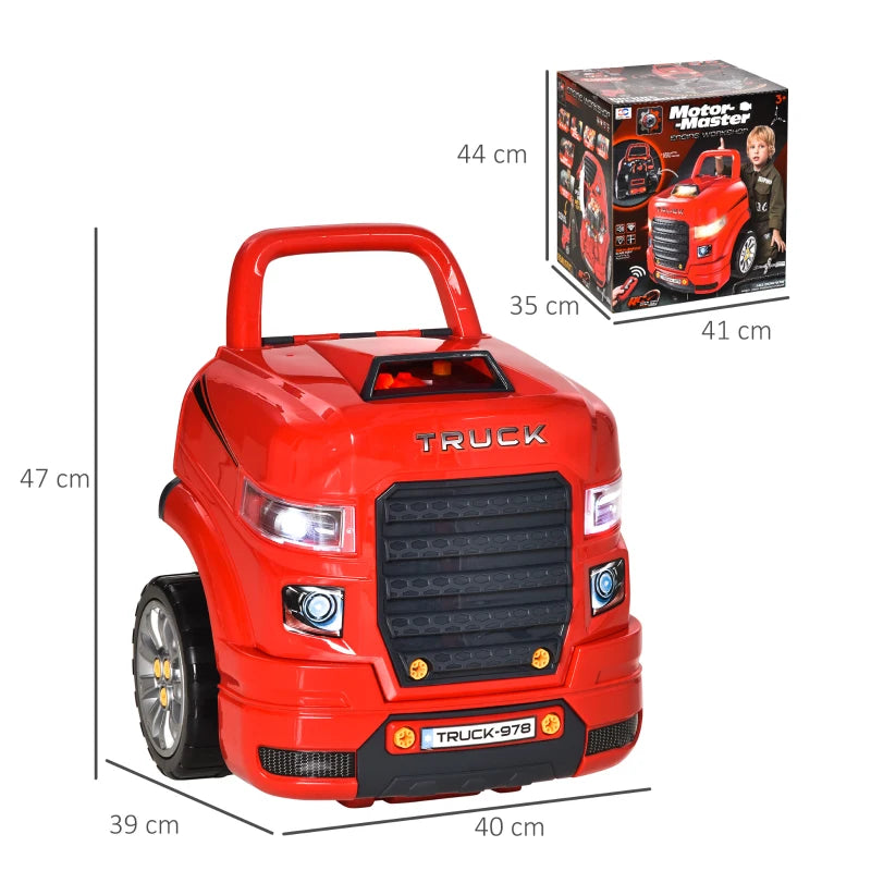 Kids Truck Engine Toy Set Educational Car Service Station Playset Take Apart Workshop with RC Car Key Steering Wheel Horn Light for Toddlers Ages 3 to 5 Red