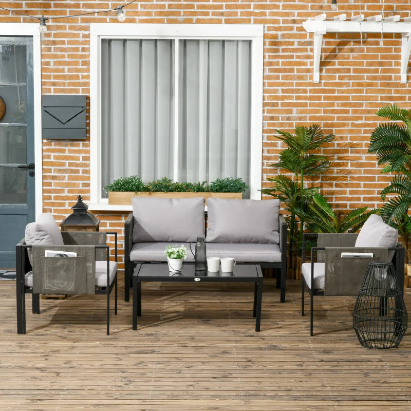 4 Piece Metal Garden Furniture Set with Glass Coffee Table and Cushions for Outdoor Relaxation