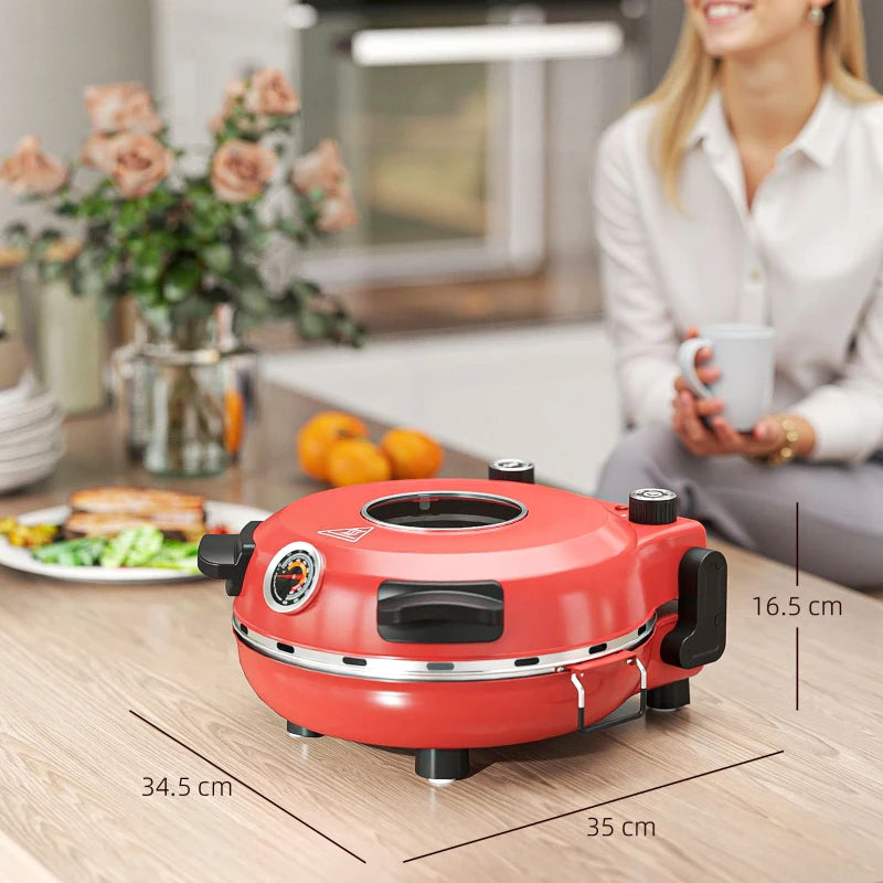 1200W Electric Pizza Oven - 12 Inch Maker with Viewing Window, Dual Temp Control, Timer & Overheat Protection - Red