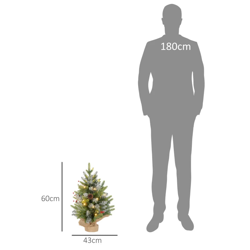 Set of 2 Mini 2ft Christmas Trees with Lights, Berries & Pinecones - Perfect Holiday Decor for Home & Office