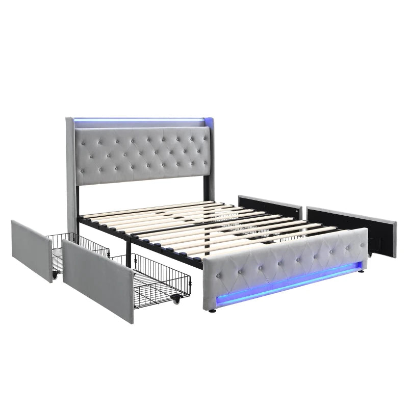 4ft6 Upholstered Double Bed with Velvet Headboard, 4 Storage Drawers, LED Lights & Charging Socket - Grey, 206L x 143W x 115H cm
