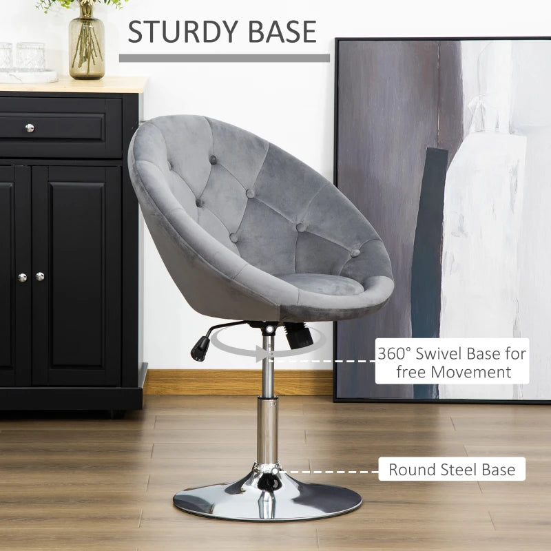 Swivel Velvet Upholstered Dressing Stool - Adjustable Height Makeup Chair with Button Tufting & Thick Padding - Grey