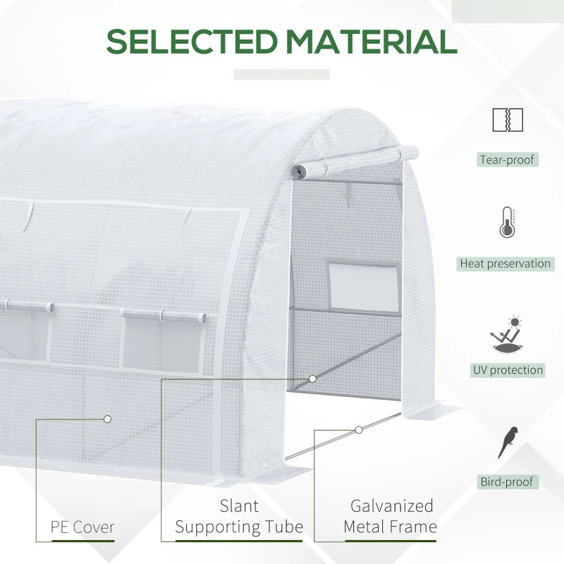 Green Walk-in Polytunnel Greenhouse with Roll-up Side Walls, Steel Frame, Zipped Door - White