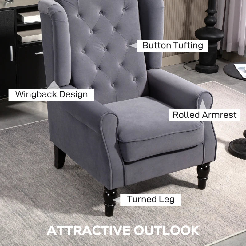 Retro Upholstered Wingback Accent Chair with Button Tufting for Living Room and Bedroom in Charcoal Grey