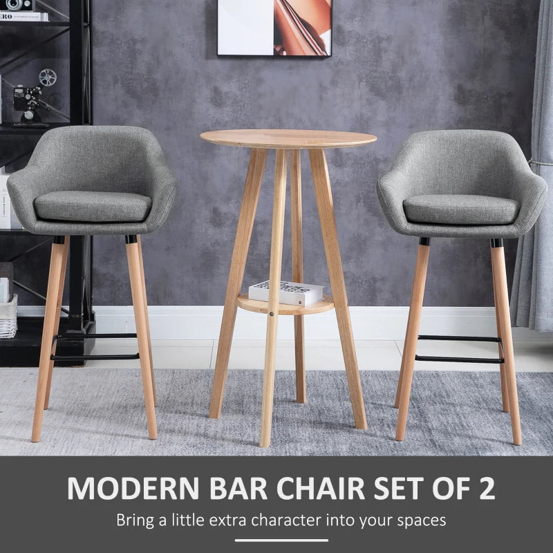 Set of 2 Modern Upholstered Bar Stools with Metal Frame & Solid Wood Legs - Grey Fabric Dining Chairs