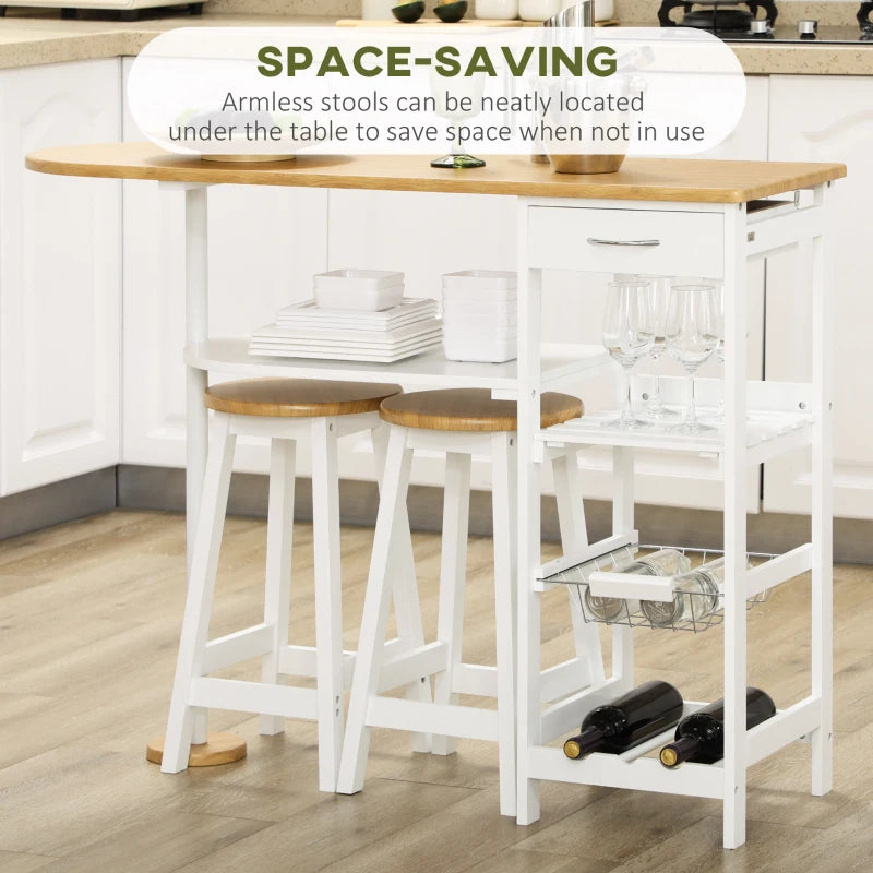 3 Piece Bar Table Set with Stools, Storage Shelf, Drawer, Wire Basket & Wine Rack - Natural & White Finish for Kitchen & Home Bar