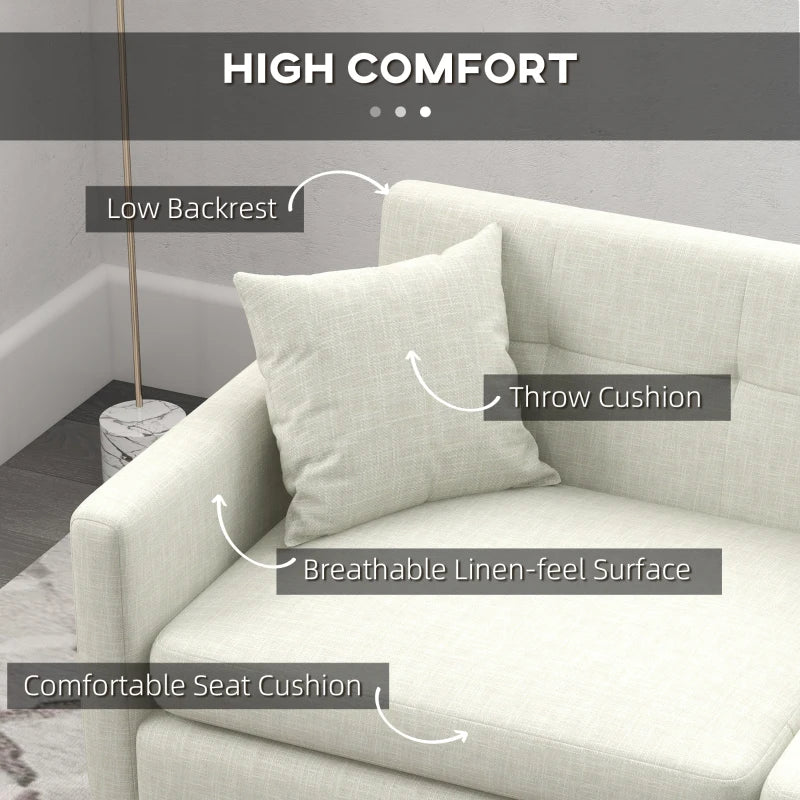 Modern 165cm 3-Seater Sofa for Living Room, Tufted Fabric Couch with Steel Legs and Storage Pockets, Beige