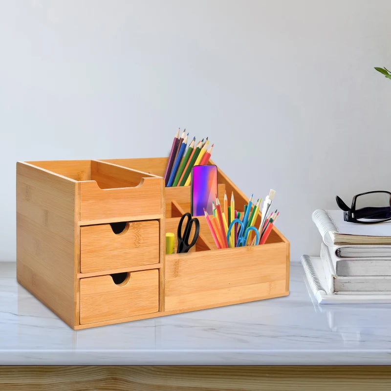 Bamboo Desk Organiser Caddy - Multi-Function Storage Holder with 7 Compartments & 2 Drawers for Home Office Supplies
