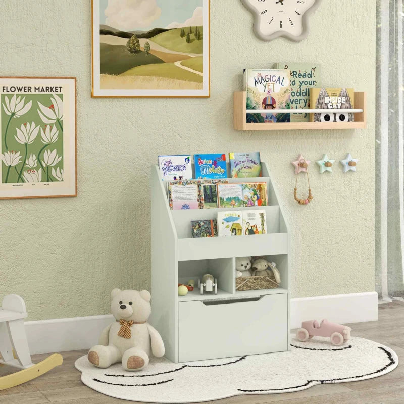 Kids Bookshelf & Toy Organizer with Storage Drawer on Wheels - Green, Perfect for Playroom & Nursery