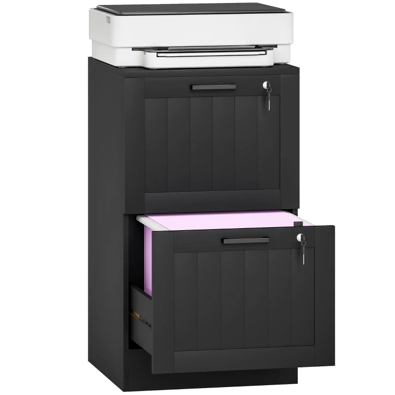 Secure 2 Drawer Filing Cabinet with Lock - Adjustable Hanging Bars for A4 Files - Stylish Black Office Storage Solution