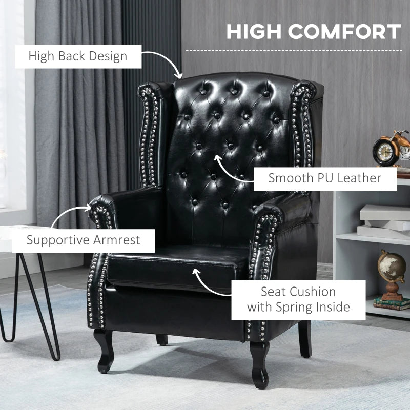 Tufted Chesterfield-Style Wingback Accent Chair with Nail Head Trim for Living Room or Bedroom in Black
